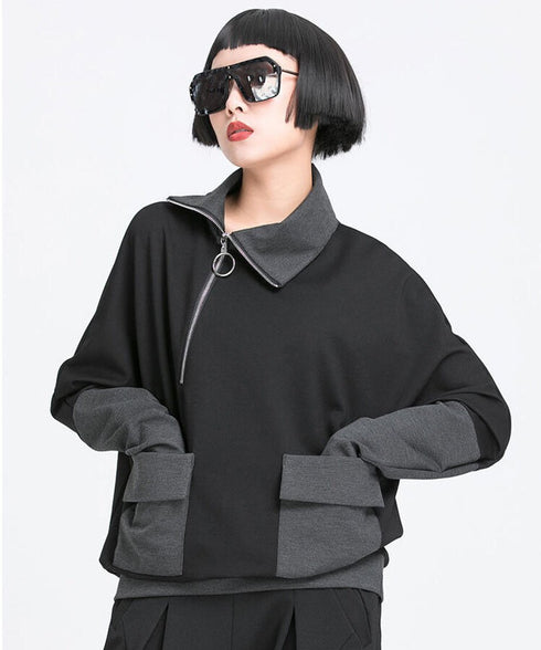 Contrast Panel Zip Collar Pullover